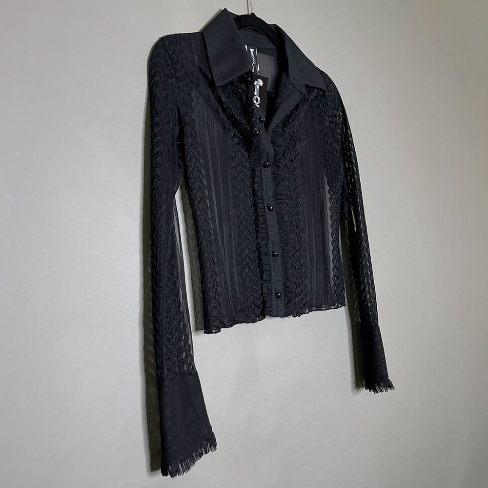Tosca Black Sheer Blouse Faux Buttons Ruffled Sleeves Vertical Stripe Size‎ XS